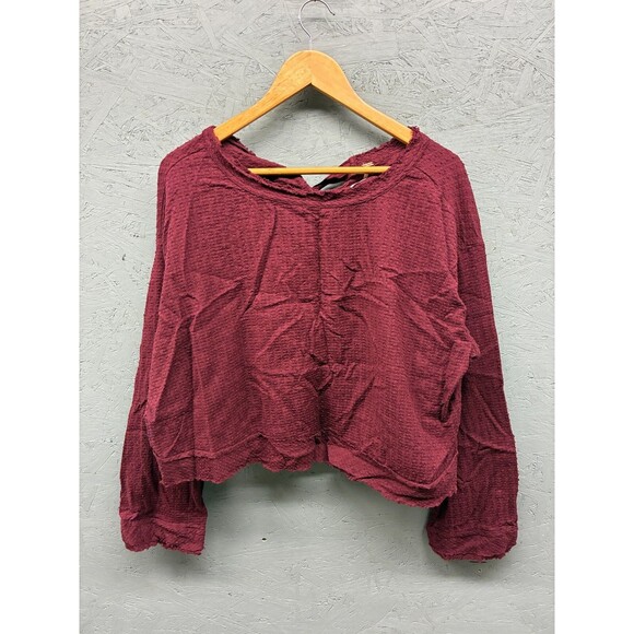 Free People Waffle Knit Long Sleeve Top Women’s Medium Burgundy Textured - Picture 1 of 11
